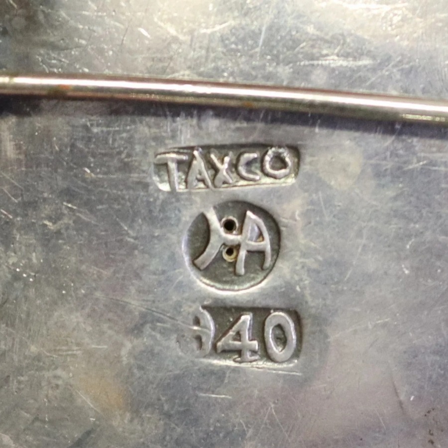 Hector Aguilar HA Taxco Mark hallmark, HA monogram with TAXCO and 940 or STERLING, and after 1948 the Mexican eagle numbered 9 (or 31 with the Taller Borda mark)