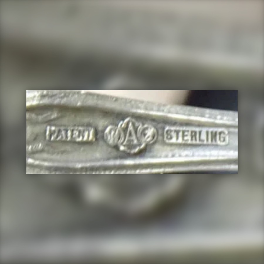Alvin Griffin, A and Sword Mark hallmark, Three small cartouches in a row: a griffin, a capital A, and a sword with a crescent moon, usually followed by PATENT and STERLING